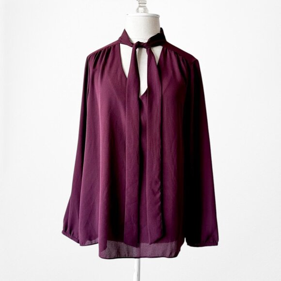 Adrienne Vittadini Purple Long Sleeve Neck Tie Chiffon Blouse Top Size M - Picture 3 of 7